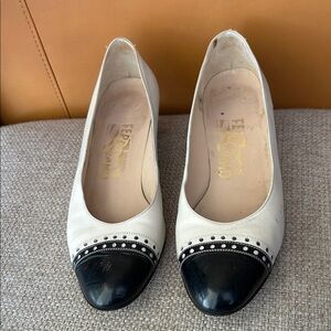 Salvatore Ferragamo Black and Cream Heels